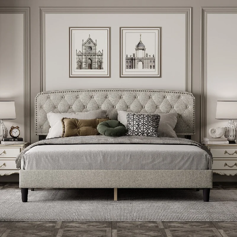 King size Adjustable Headboard with Fine Linen Upholstery and Button Tufting for Bedroom