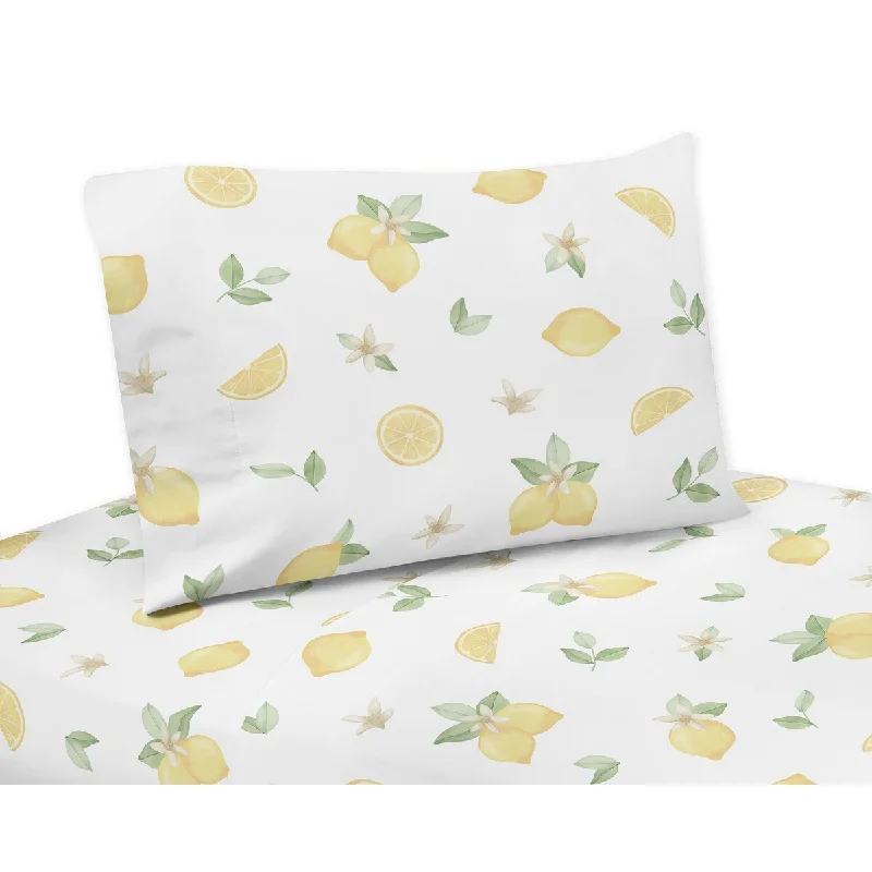 Lemon Floral 3-piece Twin Sheet Set - Yellow Green White Watercolor Boho Bohemian Farmhouse Fruit Flower Blossom Botanical Leaf