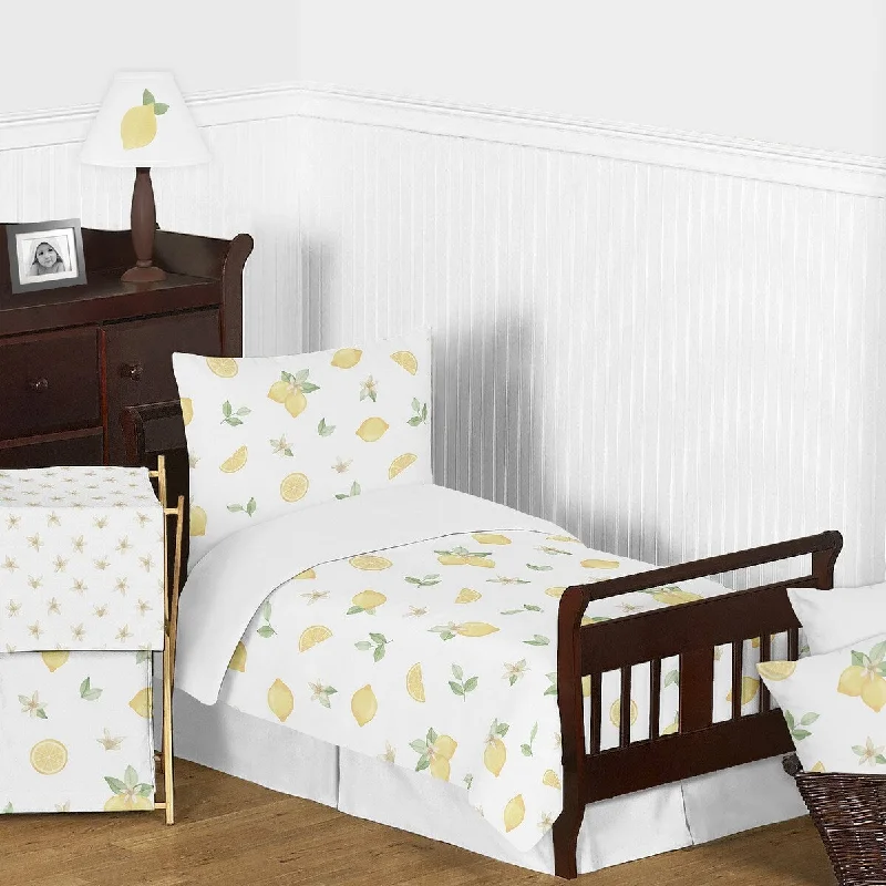 Lemon Floral Girl 5-piece Toddler Comforter Set - Yellow Green White Watercolor Boho Bohemian Farmhouse Fruit Flower Blossom