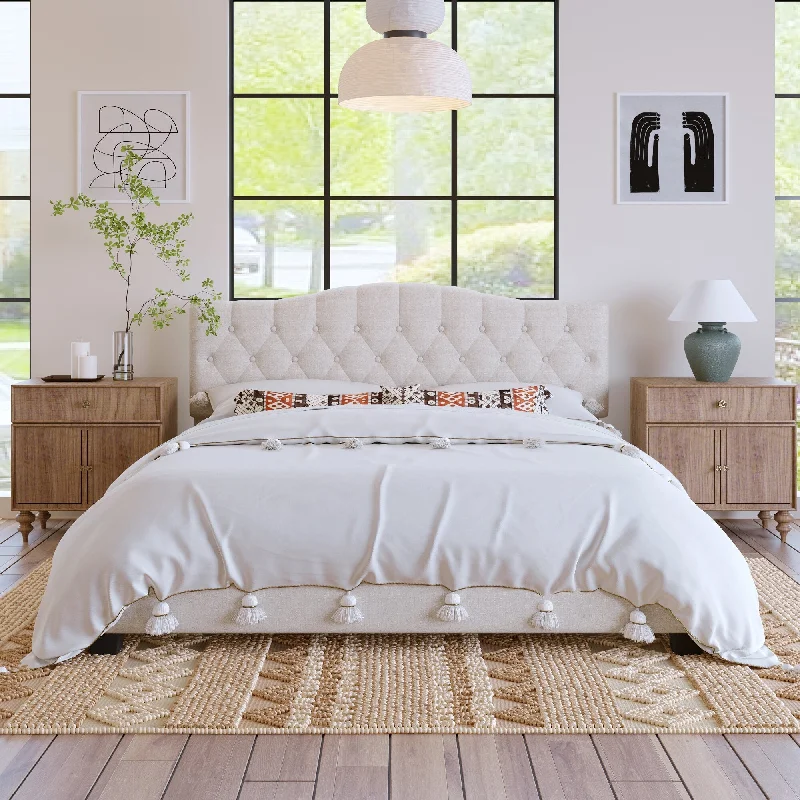 Linen Upholstered Platform Bed with Saddle Curved Headboard and Diamond Tufted Details