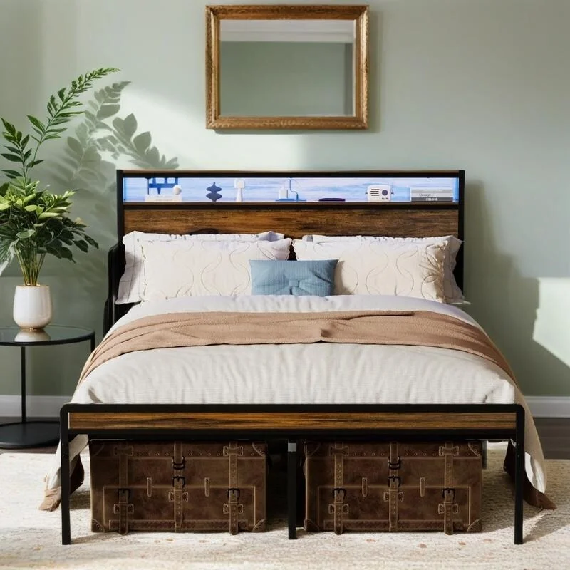 Metal Bed Frame with Headboard and Footboard, USB Port Mattress Foundation with Steel Slat