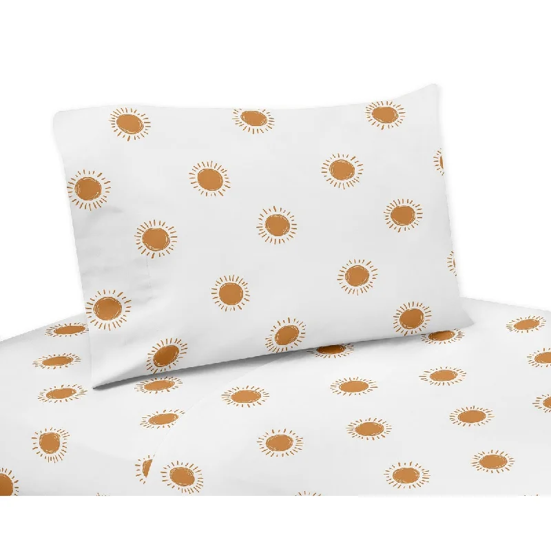 Orange and White Boho Sun 4pc Queen Sheet Set Pumpkin Orange Retro Bohemian Celestial Desert Sunshine Minimalist Gender Neutral