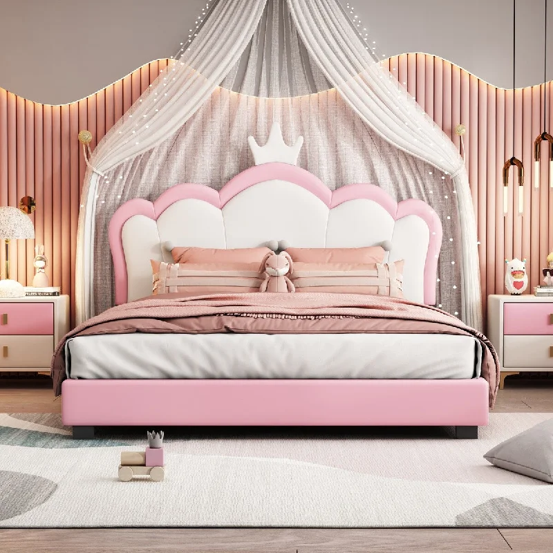 Pink Full Size and Pink Upholstered Bed with Crown Headboard for Royal Comfort