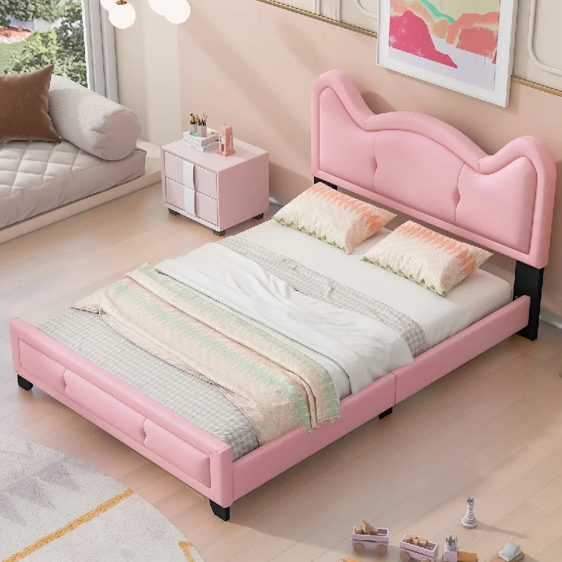 Pink Full Size Upholstered Platform Bed with Cartoon Ears Headboard - Cute Design, Sturdy