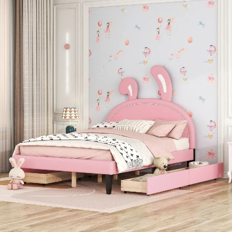 Pink Full Size/ Upholstered Platform Bed with Elegant Headboard Ornament and Two Handy Drawers