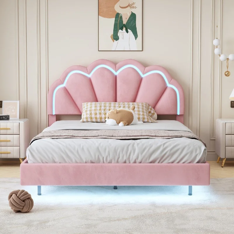 Pink Full Size Upholstered Platform Bed with Smart LED Lighting and Elegant Floral Headboard Design