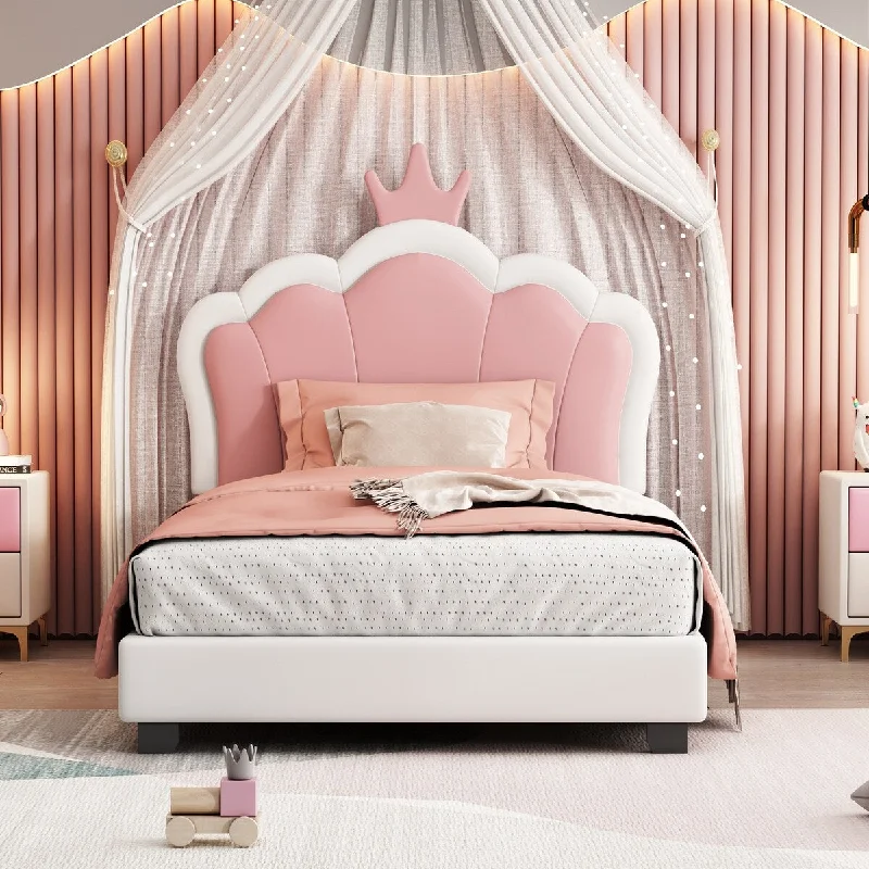 Pink Twin Size and Pink Upholstered Platform Bed with Princess Crown Headboard and Footboard