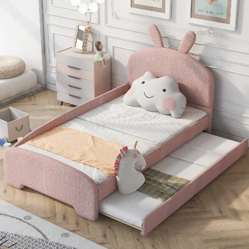 Pink Twin Size Platform Bed with Cartoon Ear Headboard and Trundle