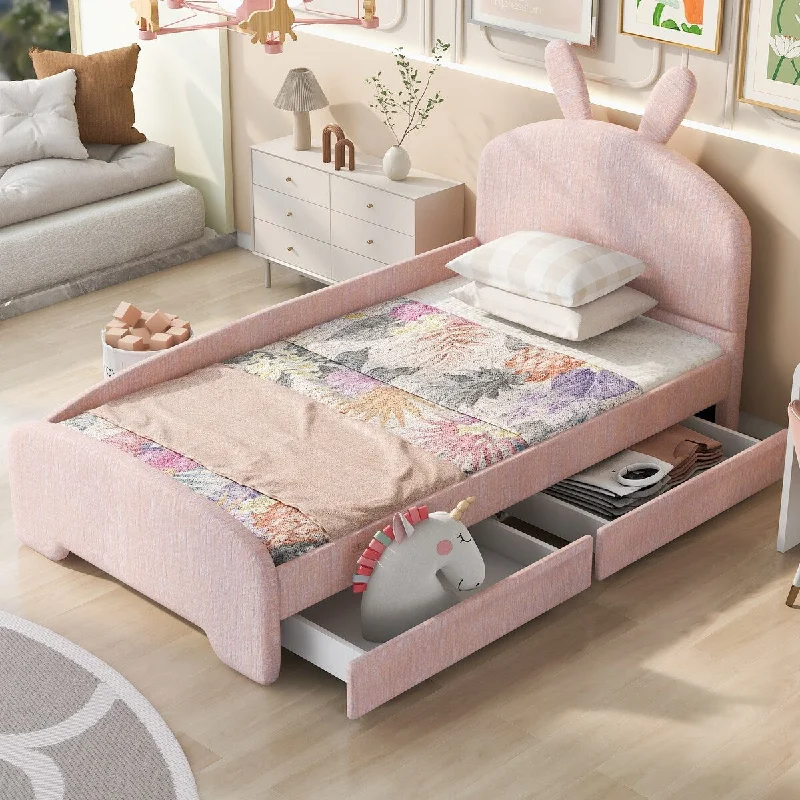 Pink Twin Size Upholstered Platform Bed with Adorable Cartoon Ears Shaped Headboard and Drawers