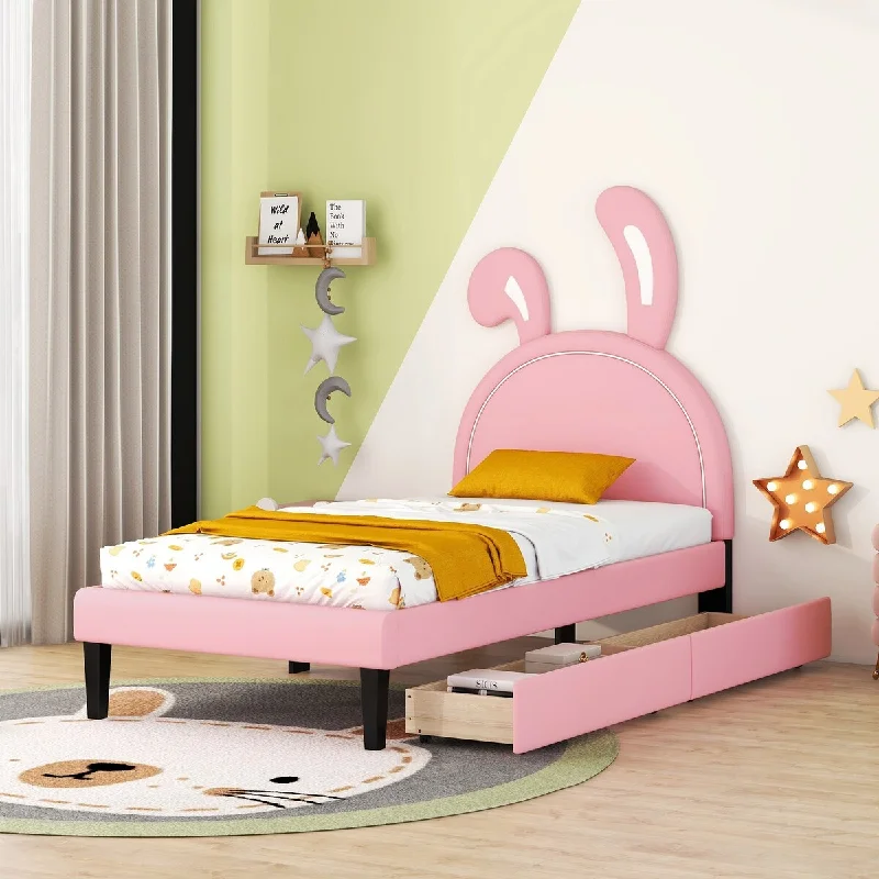 Pink Twin Size / Upholstered Platform Bed with Headboard Ornament and 2 Drawers