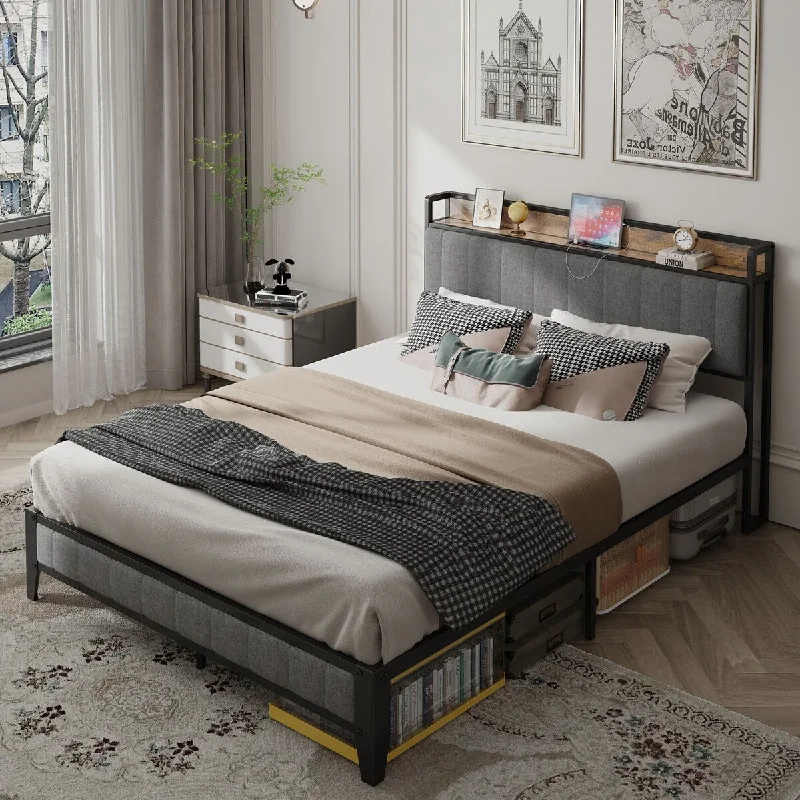 Platform Panel Metal Slat Support Frame with Light Gray Headboard Shelf Charging, Storage Underneath, Angle Iron Leg - Queen Bed