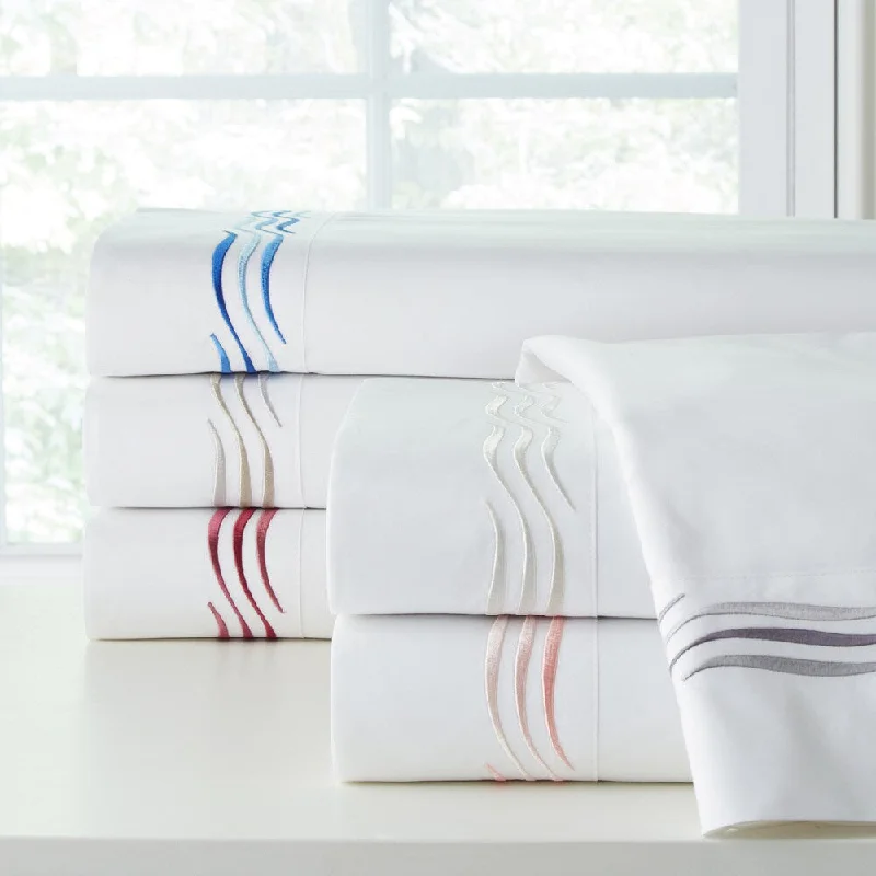 Pointehaven 300TC Cotton Wave Embroidered Deep Pocket Sheet Set