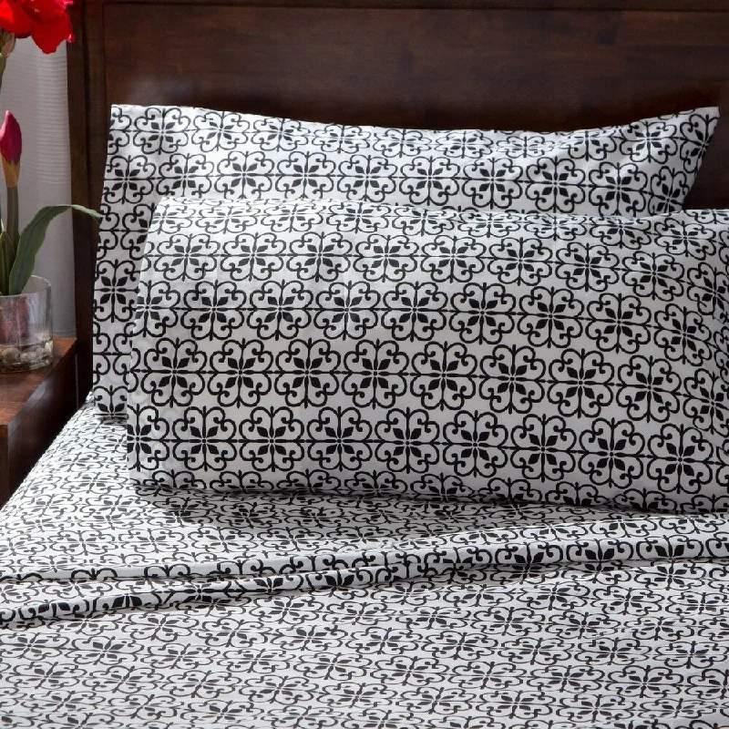 Porch & Den Quincy Black/White Scroll Percale Cotton Rich Sheet Set