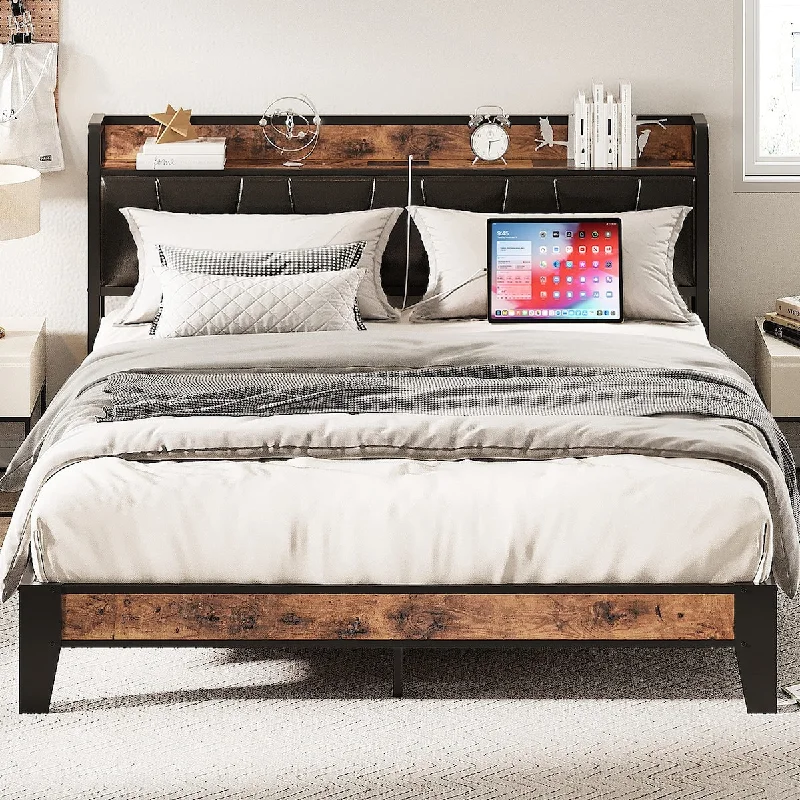 Queen Bed Frame, Storage Headboard with Charging Station, Solid and Stable, Noise Free, No Box Spring Needed, Easy Assembly