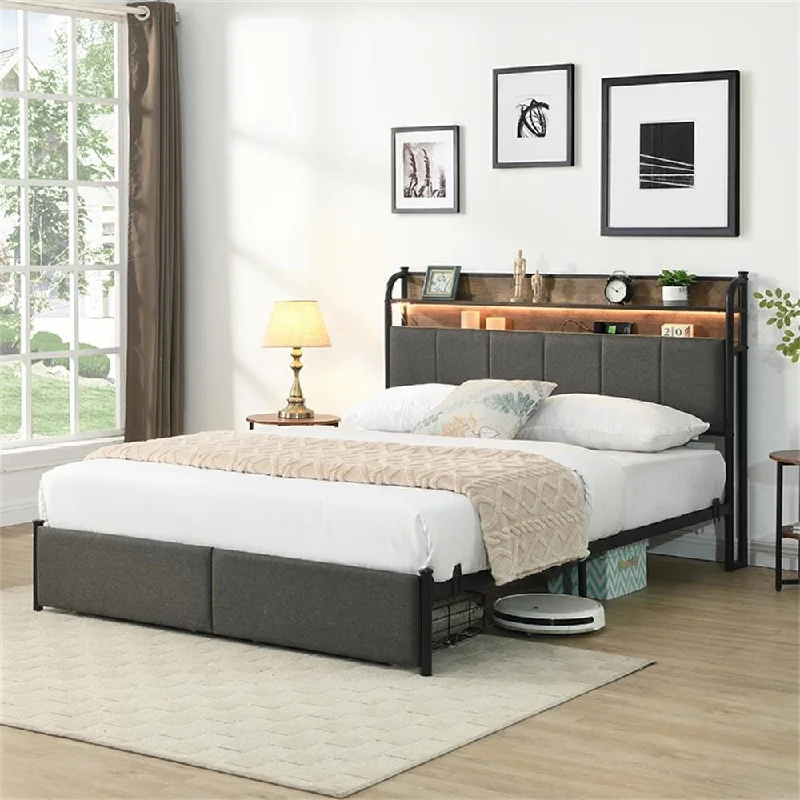 Queen/Full/ Twin Bed Frame with Storage Headboard and Charging Station, Black+Grey