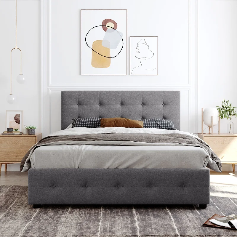 Queen Linen Upholstered Platform Bed with Tufted Headboard & 4 Drawers