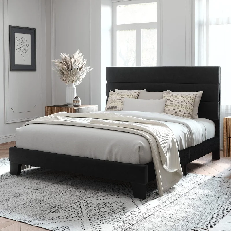 Queen Platform Bed Frame with Upholstered Headboard & Slats Support, Fully Upholstered Mattress Foundation/No Box Spring Needed