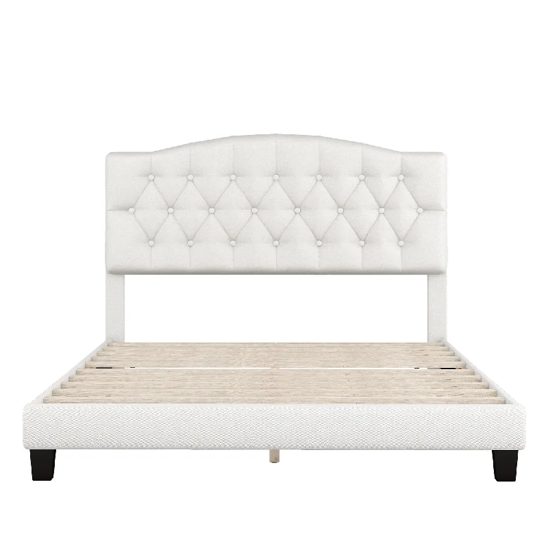 Queen Size Platform Bed, Upholstered Bed Frame with Saddle Curved Headboard & Diamond Tufted Details, No Box Spring Needed