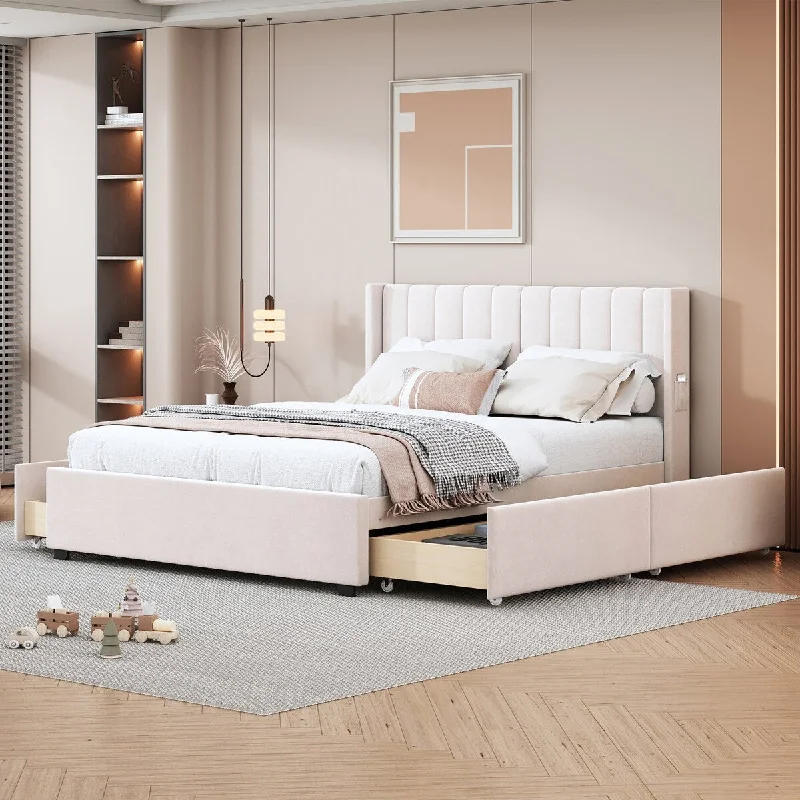 Queen Size Upholstered Bed with 4 Drawers, built-in Headboard & Footboard, Velvet Platform Storage Bedframe Mattress Foundation