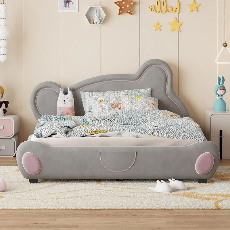 Queenl Size Velvet Platform Bed Kids Bed with Bear-Shaped Headboard with Bed-End Storage Pocket, Gray