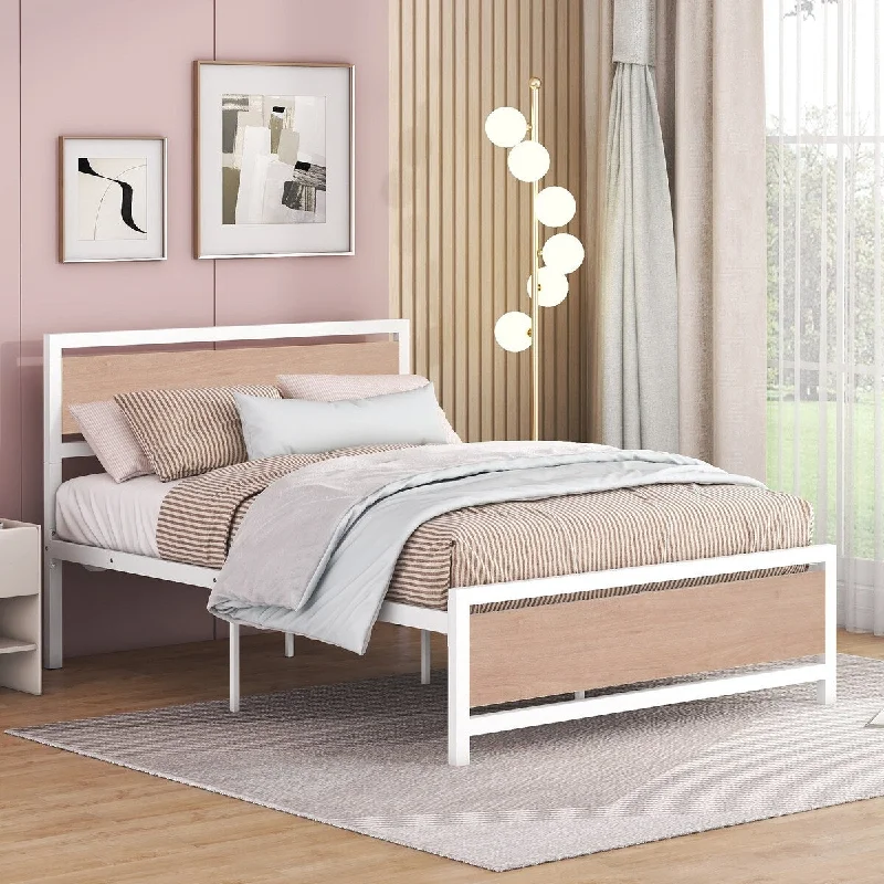 Roomfitters Full Size Platform Bed, Metal and Wood Bed Frame with Headboard and Footboard