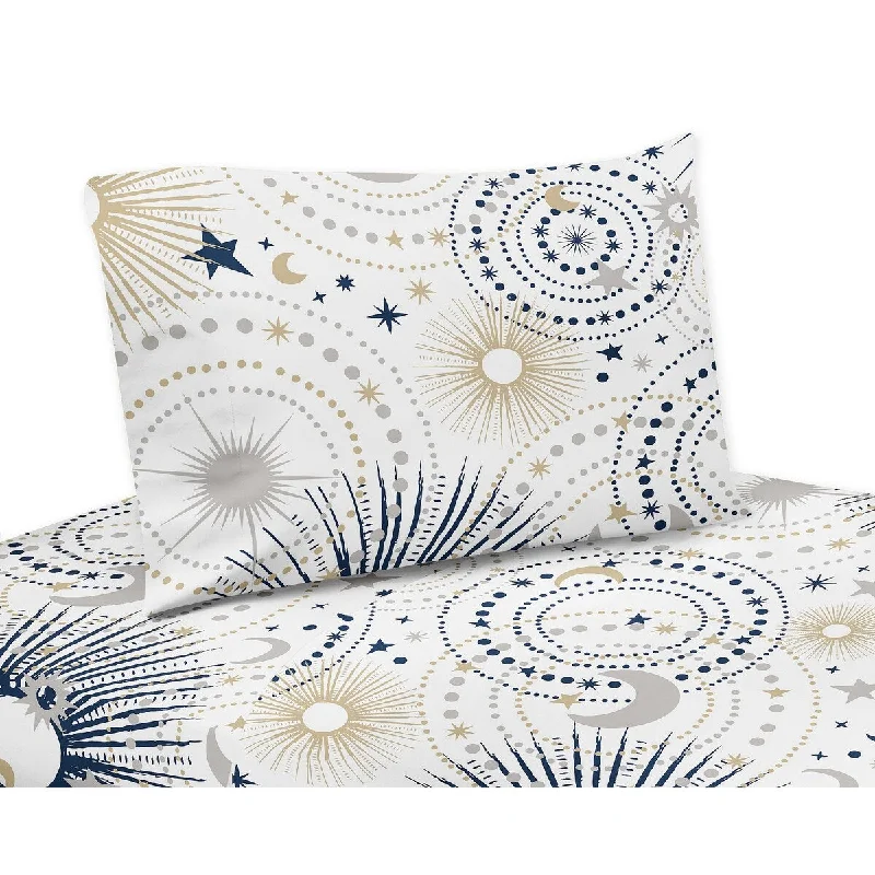 Star and Moon Collection 4-piece Queen Sheet Set - Navy Blue, Gold, and Grey Celestial Sky Stars Gender Neutral Unisex