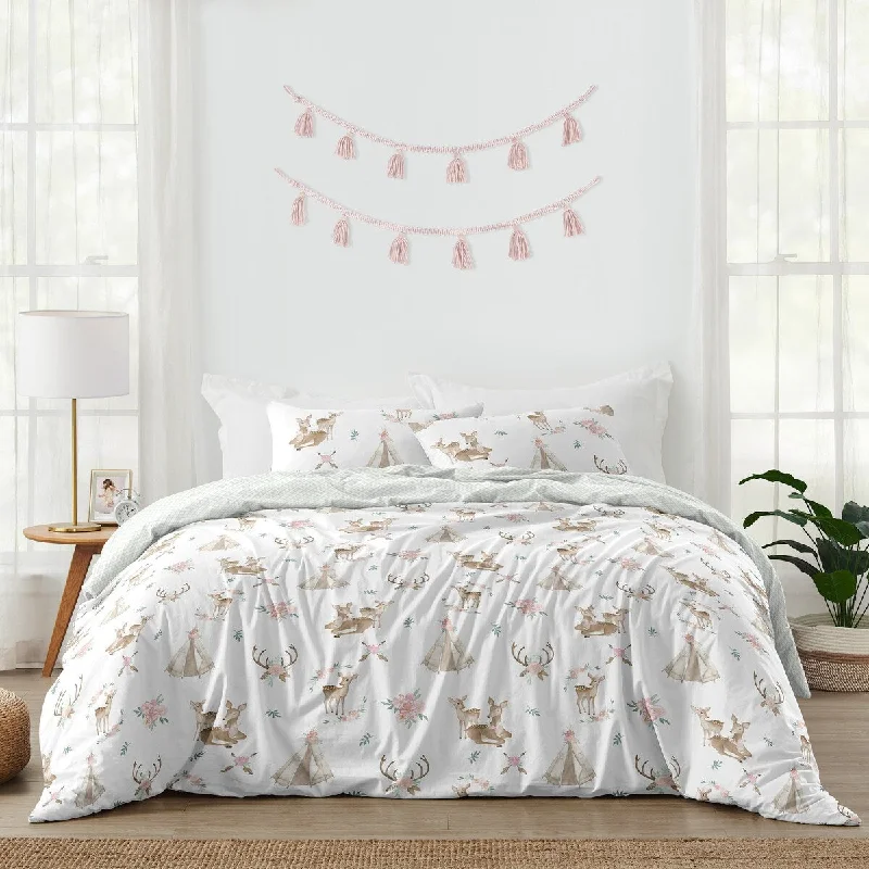 Sweet Jojo Designs Blush Pink Mint Watercolor Woodland Deer Floral Collection Girl 3 piece Full Queen-size Comforter Set