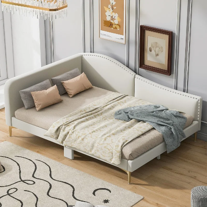 Twin/Full Size Upholstered Daybed with Headboard and Armrest, Modern Sofa Bed Frame with Support Legs and Nailhead Decoration