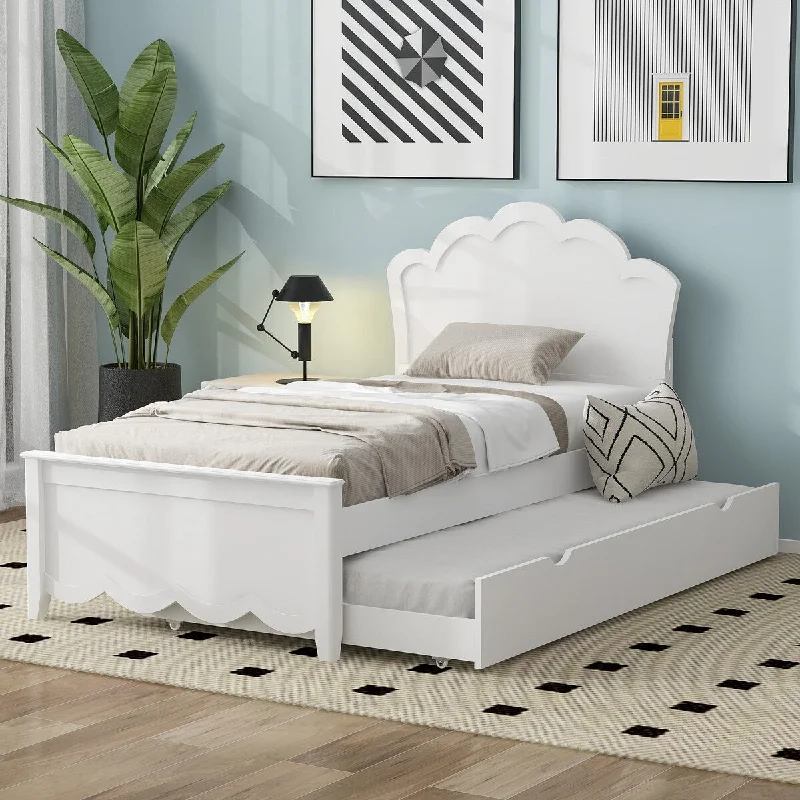 Twin Size Solid Wood Platform Bed with Headboard and Trundle For Kids