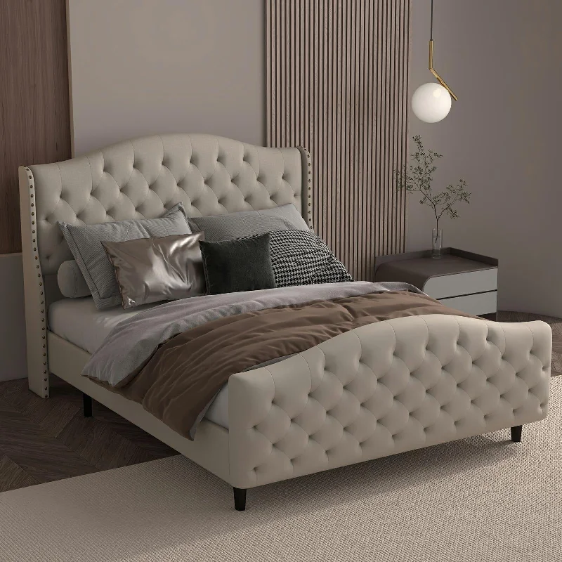 Velvet Upholstered Bed Frame with Headboard and Footboard