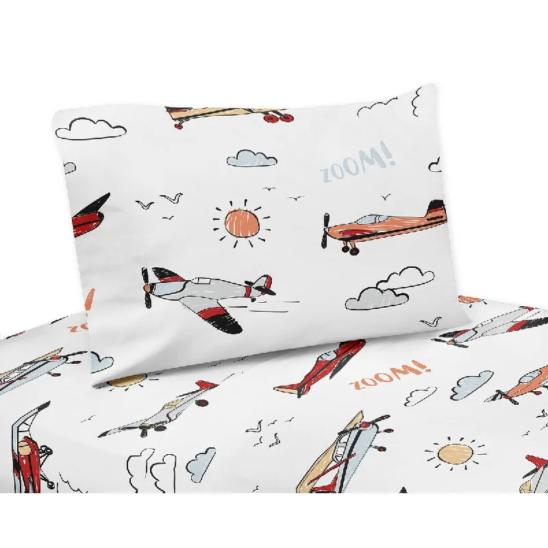 Vintage Airplane 3pc Twin Sheet Set - Grey Yellow Orange Red White and Blue Airplanes Air Plane Transportation Clouds Sun Sky