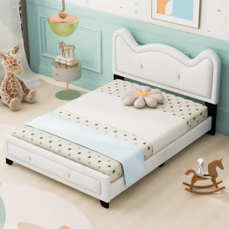 White Full Size Upholstered Platform Bed with Cartoon Ears Headboard - Cute Design, Sturdy