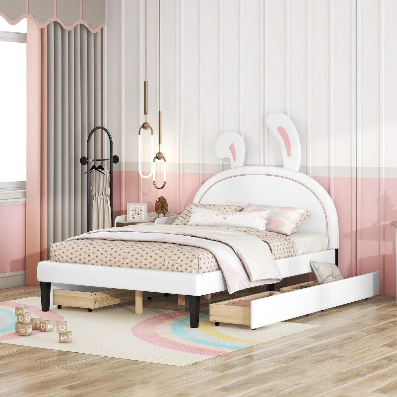 White Full Size/ Upholstered Platform Bed with Elegant Headboard Ornament and Two Handy Drawers