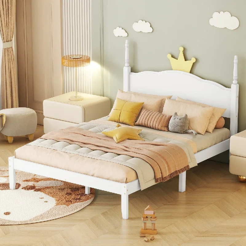 White Full SizeCharming Wood Platform Bed with Crown Headboard - Elegant and Playful