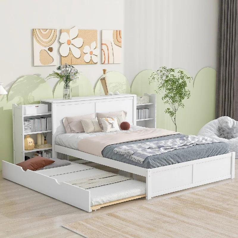 White Queen Size Platform Bed with Pull-Out Shelves, XL Trundle, and Headboard Storage