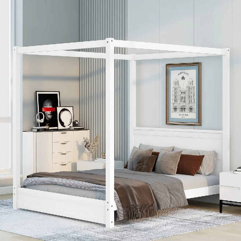 White Queen SizeModern Canopy / Platform Bed with Stylish Headboard and Support Legs