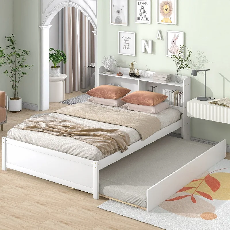 White Twin Size Solid Wood Platform Bed with Trundle and Headboard Storage