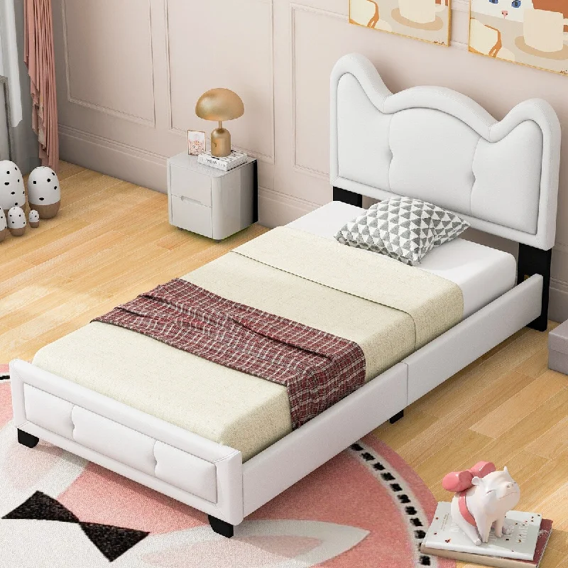 White Twin Size Upholstered Platform Bed with Cartoon Ears Headboard - Cute, Sturdy Construction