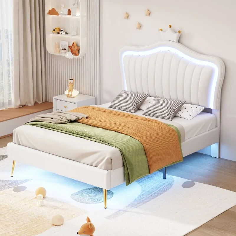 White Twin Size Upholstered Platform Bed with Included LED Lights and Crown Headboard for Elegance