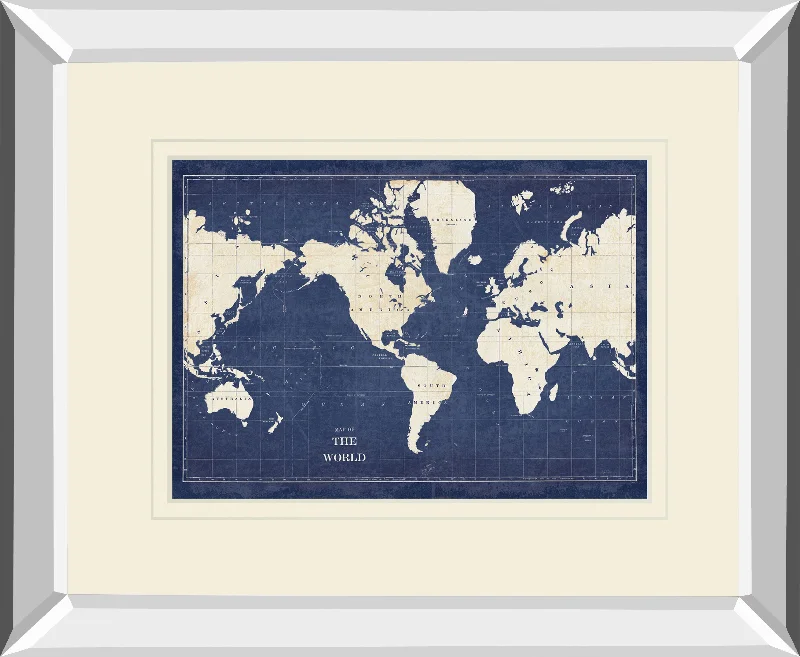 Blueprint World Map V2 By Sue Schlabach Mirrored Frame - Blue